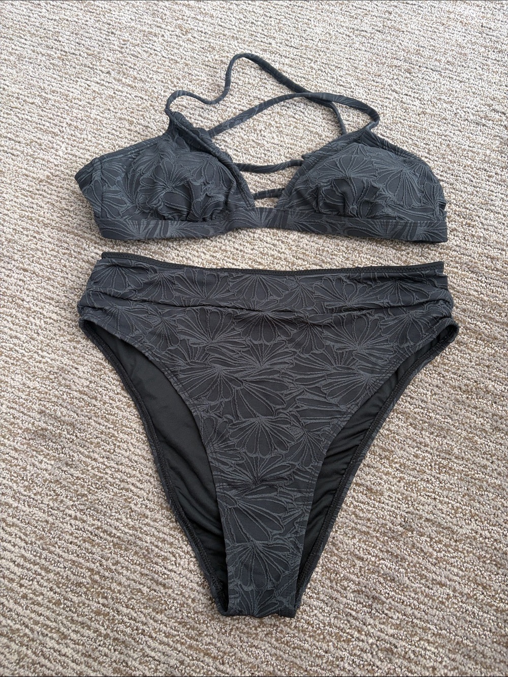Women's Black Textured High-Waist Bikini Set - CUPSHE